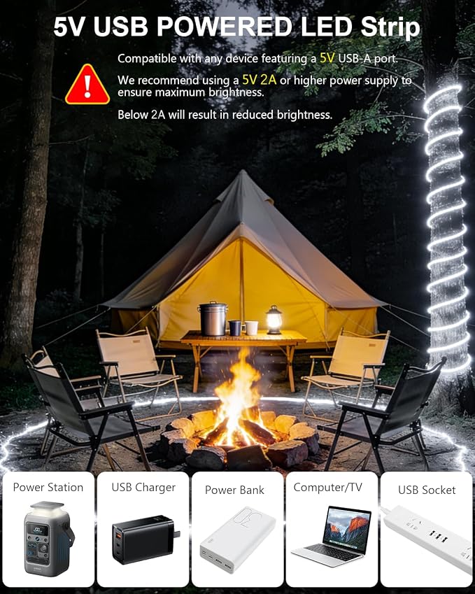 ALITOVE USB LED Light Strip 5V 6.56FT 6000K Cool White COB LED Strip Light | Dimmable Flexible, Waterproof COB LED Lights with Remote, Short Strip Light for Indoor Outdoor RV Camping Mirror Lighting