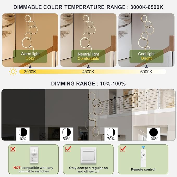 Modern LED Chandelier 6 Ring Gold LED Pendant Light Adjustable Height Hanging Ceiling Light Fixture Dimmable Chandelier Ceiling Hanging for Foyer, Entryway (98.5in 3000K-6500K)