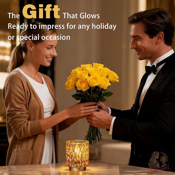 Battery Operated Table Lamp Timer, Small Cordless Lamps Decorative, Amber | Mini Crystal Lamp for Area No Plug, LED Battery Powered Lamps Wireless, Glass Accent Light for Bathroom Fireplace Shelf Decor