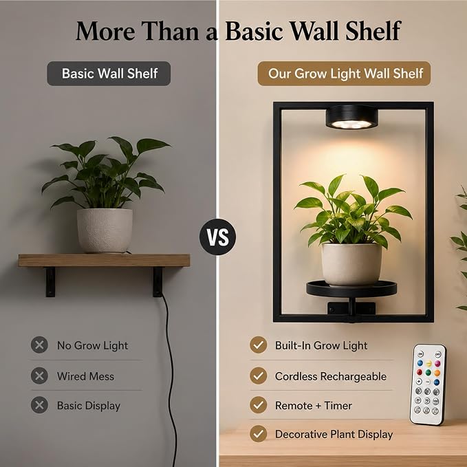 2 Pack Plant Wall Shelf with Grow Light, Wall Mounted Indoor Plant Shelf | Rechargeable Cordless Magnetic Grow Light with Remote Timer Dimming, Floating Plant Shelf for Living Room Office Decor