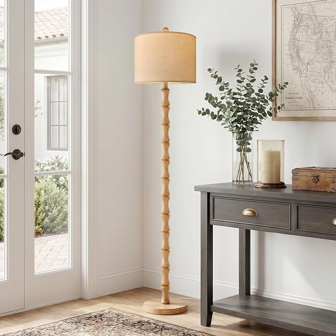 62" Farmhouse Floor Lamp for Living Room, Rustic Standing Lamp with Linen Shade and Rotary Switch, Tall Resin Corner Floor Lamp for Bedroom, Nursery, Office, Home Decor