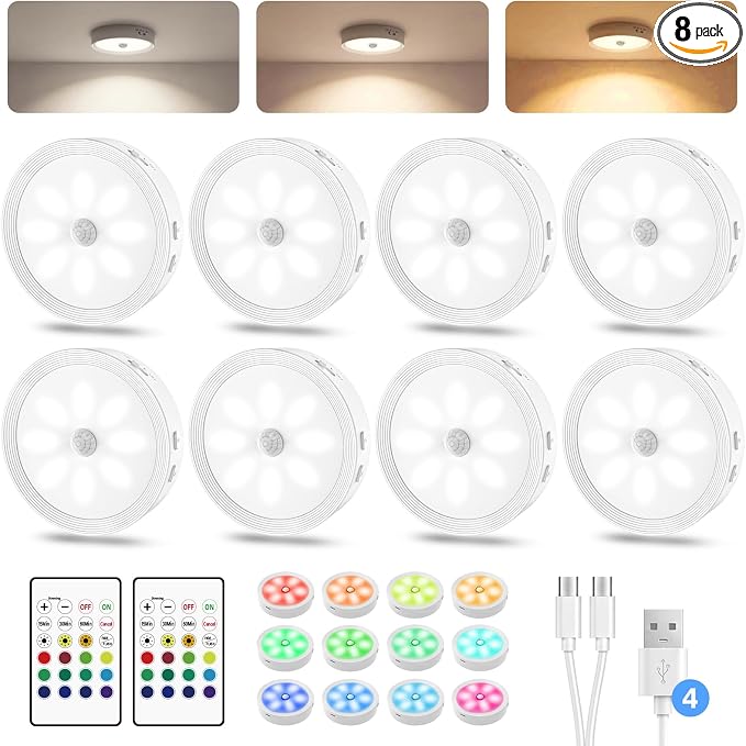 8PACK Rechargeable Puck Lights with Remote Motion Sensor Light indoor White | 3 color temps & 12 RGB, dimmable, 15/30/60 mins timer, memory, magnetic/stick on, 3.3'' led lights for kitchen, closet, stair