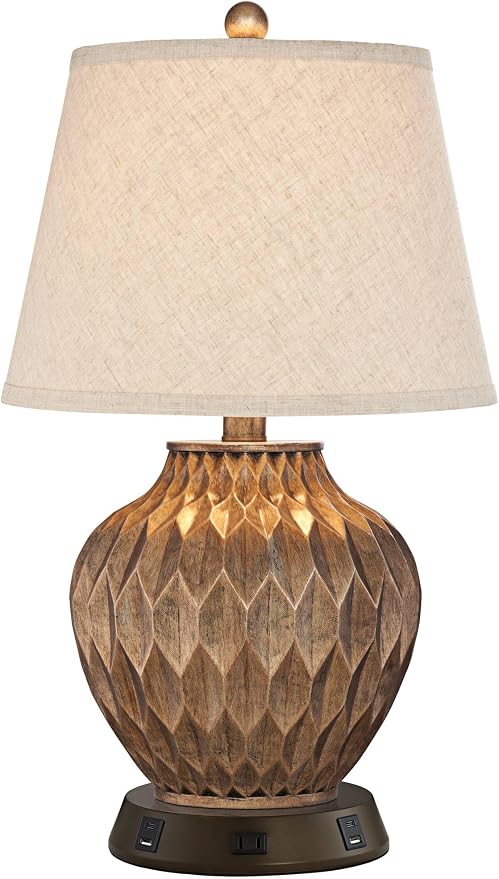 Buckhead 22" High Table Lamp Brown USB Workstation Base Warm Bronze Urn | Geometric Charging Ports and AC Power Outlet Living Room Bedroom Bedside Nightstand House Office Home Tapered Drum Shade