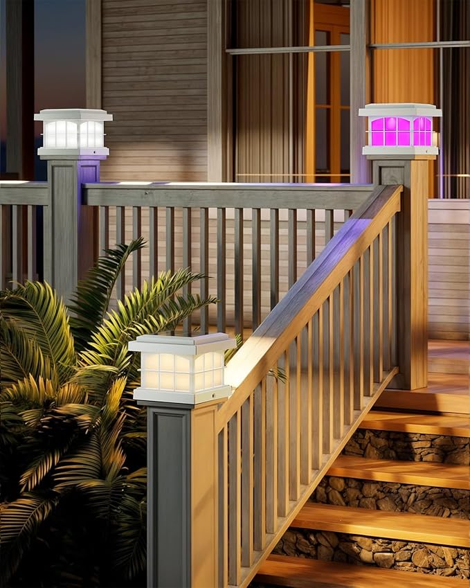 PARTPHONER RGBCW Solar Post Cap Lights 8-Pack, 9 Colors 3 Modes Fence Cap Lights, Bright Solar Outdoor Waterproof LED Deck Lighting for Fence Garden Deck Patio Porch Decor 4x4 Vinyl/Wood, White