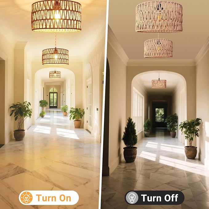 Hanging Light Ceiling Lamp Pendant Lights Rattan Hanging Lamp with Plug in Cord for Living Room Bedroom Kitchen Indoor Hanging Lamp Plug in Woven Lampshade