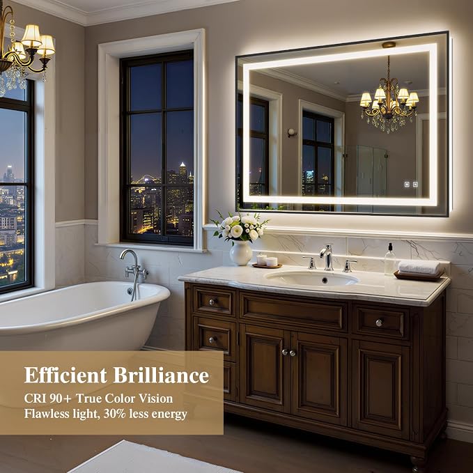 48X36 Inch LED Bathroom Mirror with Lights, Black Frame Frontlit+ Backlit Bathroom Vanity Mirror for Wall, Ultra-Clear Tempered Glass, Shatter-Proof, Anti-Fog and Memory Function, ETL Listed