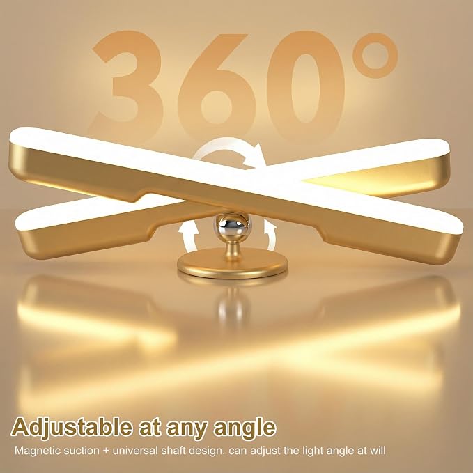 Benreom Wireless Vanity Light for Mirror, Rechargeable LED Bar, Gold | Adjustable Color, Brightness and Angle with Magnetic Stick-On Design for Makeup Mirrors and Renter-Friendly Decor