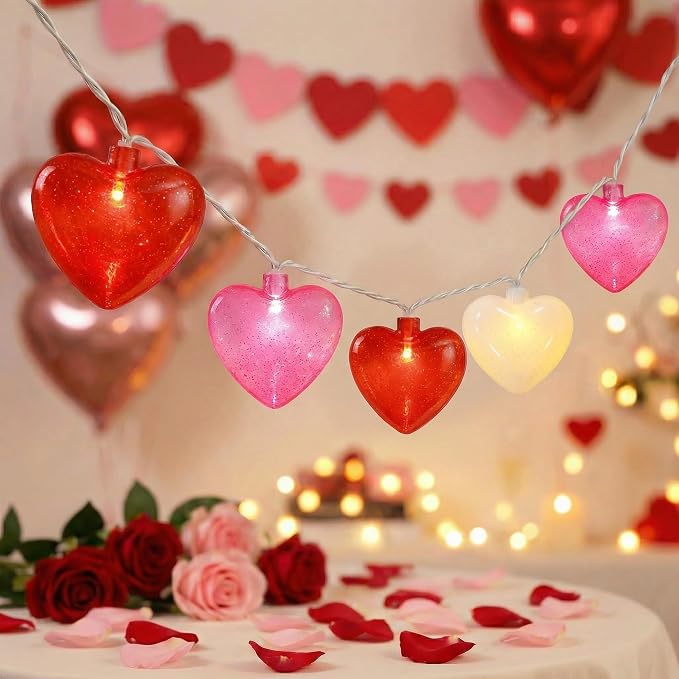 8.5ft Valentine’s Day Heart String Lights Plug in, Valentines Decoration | 10 LED Red Pink White Shatterproof Bulbs, Indoor Fairy Lights for Home Decor Wedding Outdoor Party, Warm White