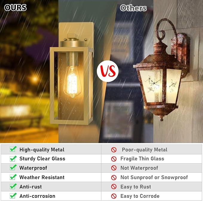Outdoor Wall Light Fixtures, Gold Exterior Wall Lanterns | Waterproof Metal Construction, Rust-resistant, Quick & Easy Installation, Clear Glass Shades & Standard E26 Socket