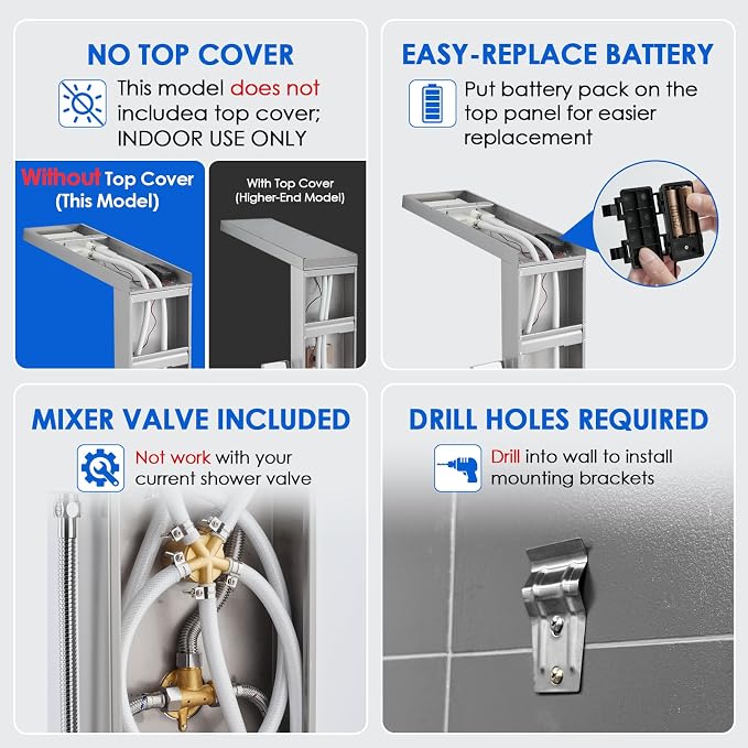 ROVOGO Shower Panel Tower System with Led Lights - Battery Powered, 46.5" | Rainfall Waterfall Shower Head, 2 Body Jets, Handheld and Tub Spout, Stainless Steel Shower Column with Brass Valves, Brushed