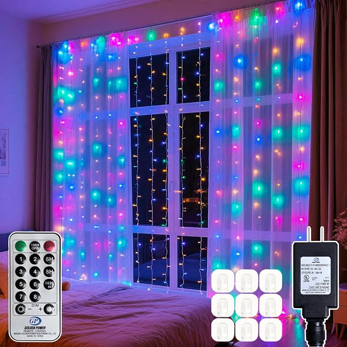 300 LED Multicolor Rainbow Curtain String Lights 9.8x9.8FT, Plug in Fairy Lights with 9 Hooks, Dimmable, Timer & 8 Modes, IP44 Waterproof, Bedroom Party Wedding Backdrop Christmas Outdoor Decor
