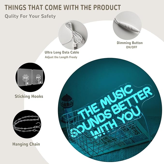 "The Music Sounds Better With You" Neon Sign Music Neon Light for Wall Decor Letter LED Neon Sign Blue Led Neon Light for Bedroom Studio Record Shop Decoration