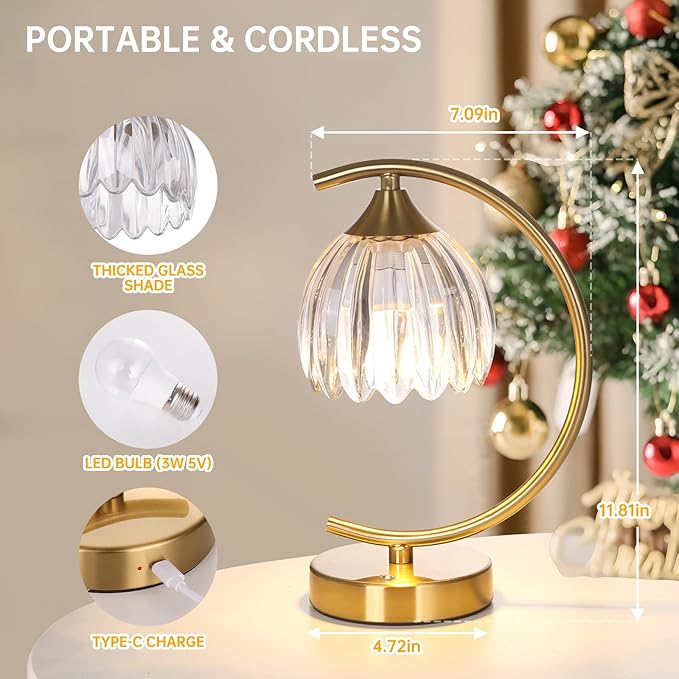Tulip Table Lamp, 5200mAh Cordless Touch Control Table Lamp with 3 Color Temps & Stepless Dimming, Rechargeable Battery Table Lamp for Living Room, Bedroom, Office, Shelf (Transparent Tulip)