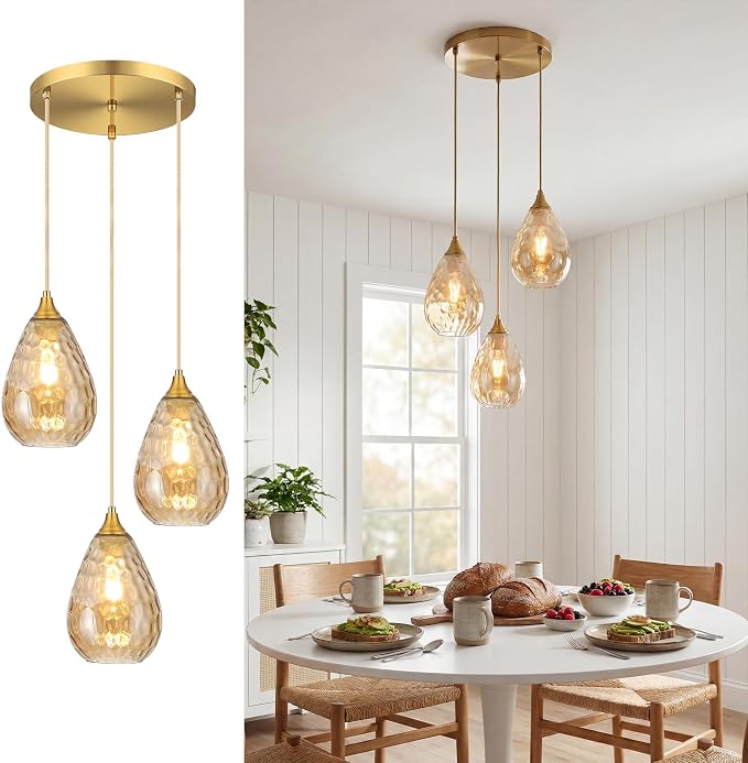 3-Light Pendant Lighting Dining Room Lights Fixture Over Table | Amber Hammered Glass, Brushed Gold, Farmhouse, Hardwired, E26, Cluster Hanging Lights for Kitchen Island, Dining Room