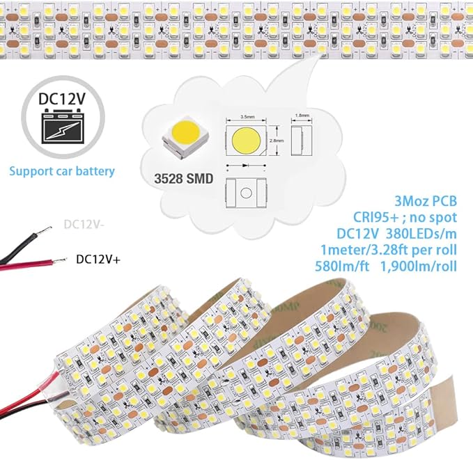 DC12V High CRI 95 White LED Strip Lights - Triple Row Daylight White 6000K 360LEDs 3528SMD Flexible LED Tape Lights For Photography, Trunk lighting(12V 6000K 1m/3.28', Non-waterproof IP20)