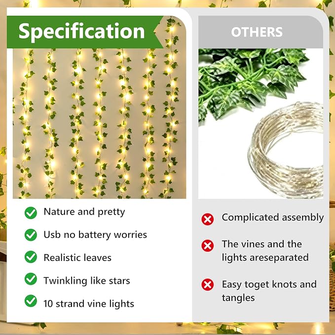 9.8Ft x 6.5Ft 200LED Vines Fairy Lights with Remote,Artificial Plant Fake Ivy Curtain String Light For Home Bedroom Living Room wall Wedding Christmas Party Office Coffee Farmhouse Dorm outdoor Decor