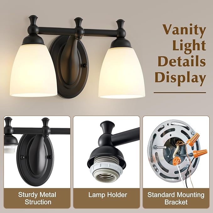 2 Lights Bathroom Vanity Light, Black Bath Vanity Light Modern Bathroom Vanity Lights Vintage Style for Living Room Cabinet Bedroom About Mirror