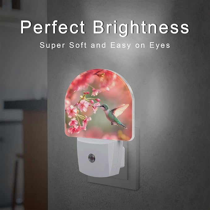 Hummingbird with Cherry Blossoms Night Light Plug into Wall, Pink Flowers Bird Dusk to Dawn Night Light,0.5w Energy Saving Sleep Friendly Nightlight for Kids Boys Girls Home