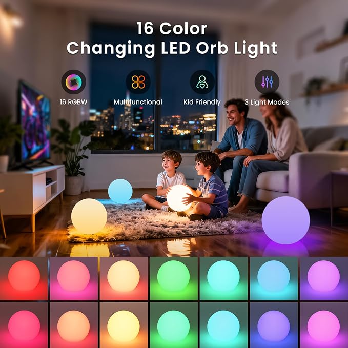 LOFTEK 6-inch LED Light Ball, Rechargeable Nursery Night Light, Hangable | Waterproof Floating Pool Lights, 16 RGB Color Changing & Dimming, Dual Control, Mood Lamp for Room Decor Ambience