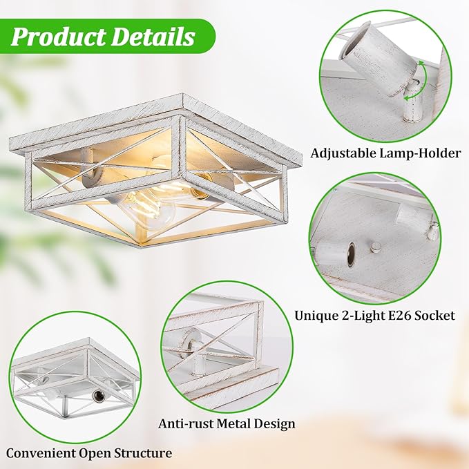 Antique White Hallway Light Fixture, 2-Light Farmhouse Flush Mount Ceiling Lighting, 1-Pack Metal Kitchen Lighting Fixture, Square Close to Ceiling Lamp for Bedroom Living Room Entryway