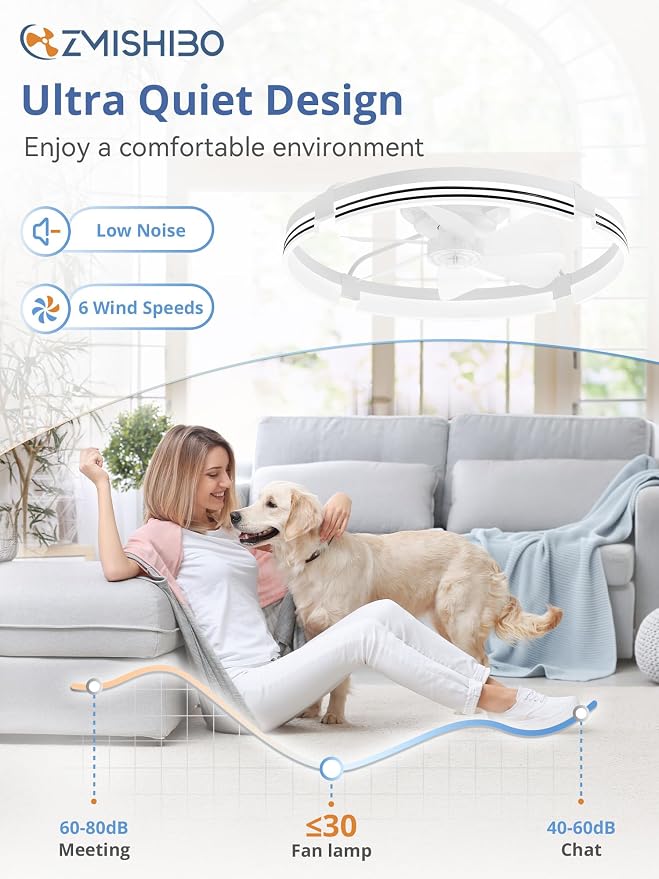 ZMISHIBO Low Profile Ceiling Fans with Lights and Remote, 24 “ White | 3000K-6000K Dimmable Fandelier LED, Flush Mount, 6 Wind Speeds, Reversible, Timer, Bedroom, Living Room, Kitchen, Kids Room