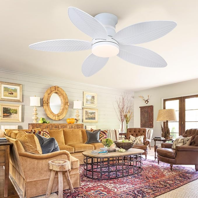 Tropical Palm Leaf RGB Ceiling Fans with Lights 46”, White Flush Mount Ceiling Fan with Light and Remote, 3CCT Dimmable LED&&Side RGB Light, Reversible 6 Speeds, Quite Low Profile Ceiling Fan Party