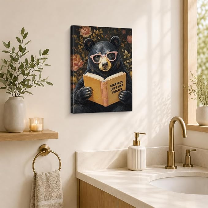 NSFBESSLIA Funny Reading Bear Painting, Whimsical Vintage Animal Decor, Bear Hugs Life's Best Therapy, Humorous Wall Art for Living Room Bedroom Entryway, 8x10 Inch
