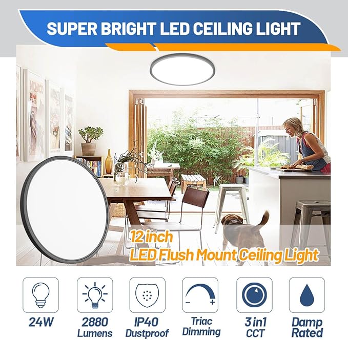 Allsmartlife 4-Pack Led Flush Mount Ceiling Light 12 inch, 24W 2880lm Dimmable CCT 3000K/4000K/6500K Edge-Lit Thin White Round Led Surface Mount Light for Kitchen，Hallway，Bedroom