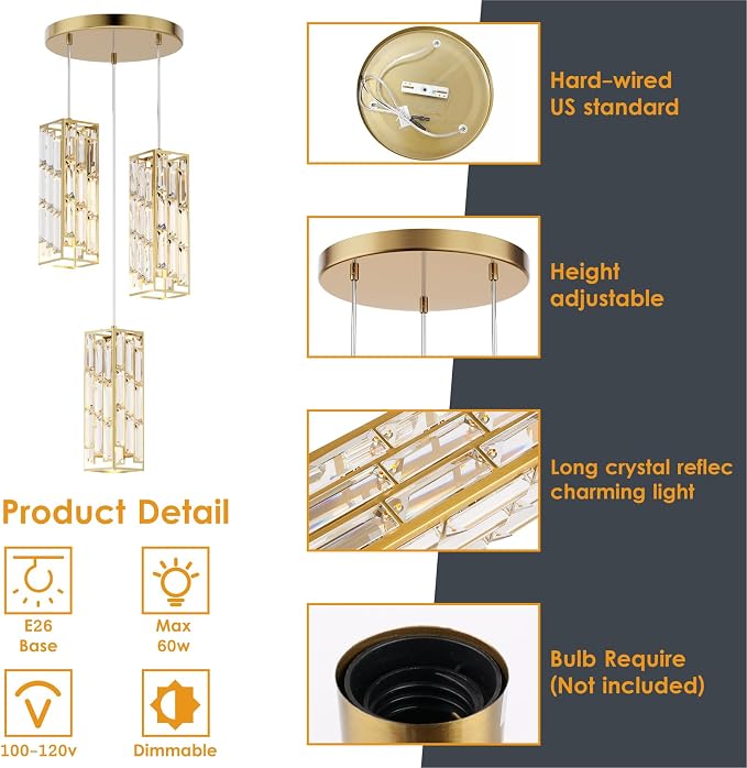 Modern 3-Light Crystal Pendant Light Fixture Kitchen Island, Brass | Mini Crystal Chandeliers, Height Adjustable Cord, Ceiling Hanging Lighting for Kitchen Island Dining Room Bedroom