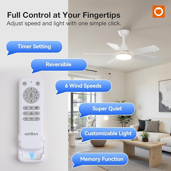 addlon 42 Inch White Ceiling Fans with Lights and Remote | Reversible DC motor, 6-speed, Timer, 3CCT Dimmable, Quiet, Small Ceiling Fan for Bedroom, Living Room, Indoor/Outdoor Use