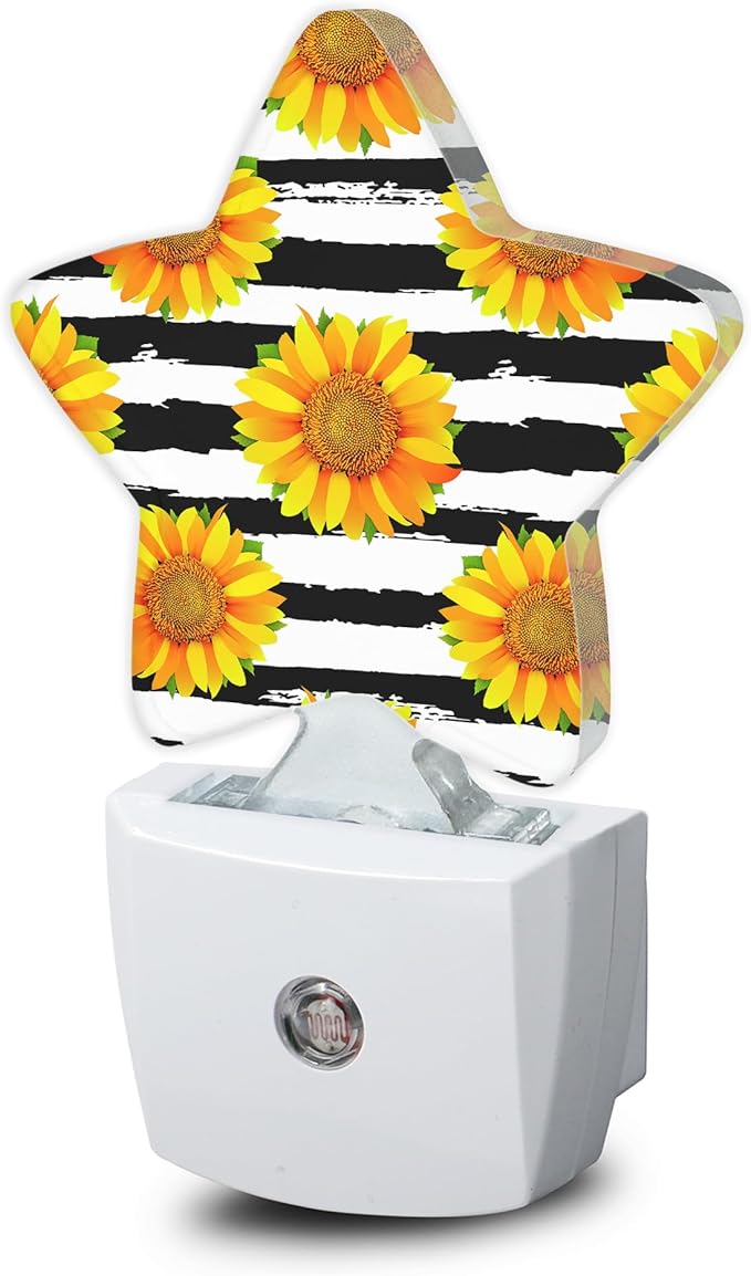 Sunflowers Plug-in Night Light Black White Grid with Dusk-to-Dawn Sensor for Bedroom,Bathroom and Living Room Sleep Friendly lamp for Women/Girls/Boys Gift,0.5W