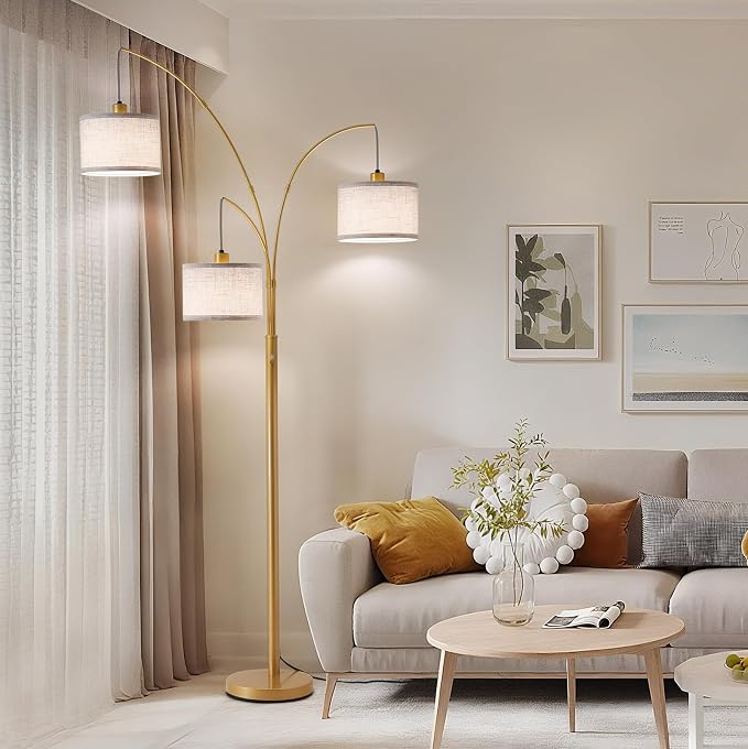 Dimmable Floor Lamp with Remote, Beige Shade Gold Pole | 2400LM Super Bright, Independently Controlled 9W LED Energy-Saving Light Bulb, 80" Tall Lamps for Living Room