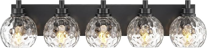 5-Light Black Bathroom Vanity Light, Hammered Glass Globe Shade | 32 Inch matte black modern bathroom light fixture over mirror, UL listed, E26 bulbs, hardwired, upward only, VL200-MB-CL-5