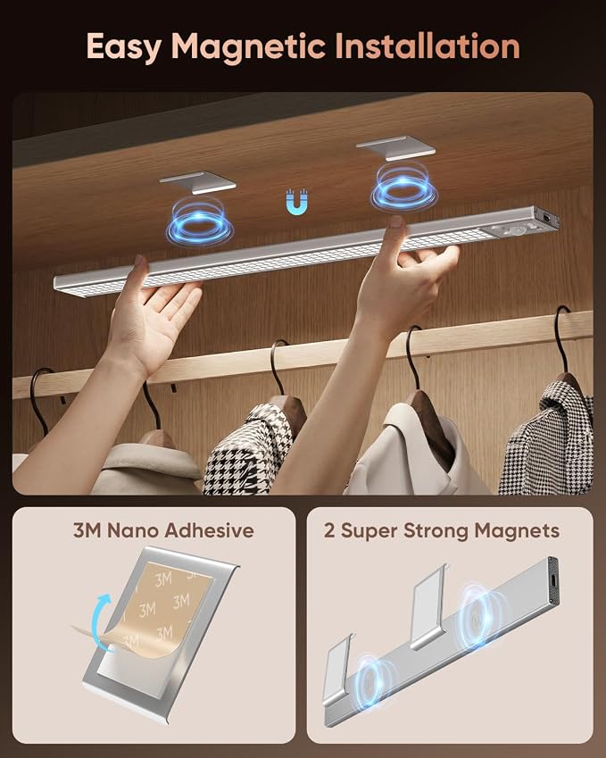 2 Pack Rechargeable Under Cabinet Lighting 16" Motion Sensor Light Indoor | Closet Lights Wireless, 3 Color Temps, Dimmable, 216LED Super Bright, Magnetic Under Counter Lights for Kitchen Stairs Pantry