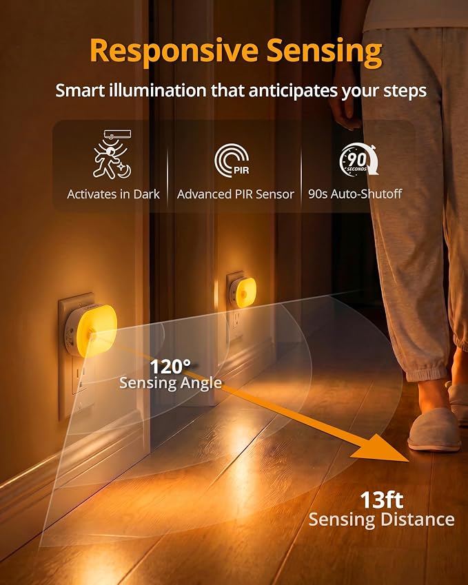 120LM Ultra Bright Plug-in Motion Sensor Night Light, Stepless Dimmable LED Nightlight, Always-On and Auto-Off, for Hallway, Stairs, Bathroom, Bedroom, Garage, Amber (2-Pack)