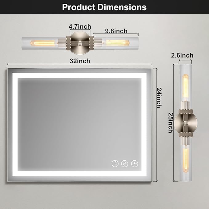 LaLuLa Brushed Nickel Vanity Lights – 2-Light Hardwired Bathroom Light Fixtures with Rippled Glass Shades and Textured Metal Body, Chrome Wall Sconces for Over Mirror or Hallway