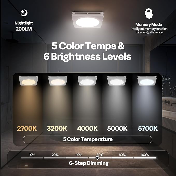 VIVOHOME Bathroom Exhaust Fan with Humidity Sensor, 240 CFM 6 Speed, 5-Color LED Light, 2700K/3200K/4000K/5000K/5700K & Nightlight, Remote Control