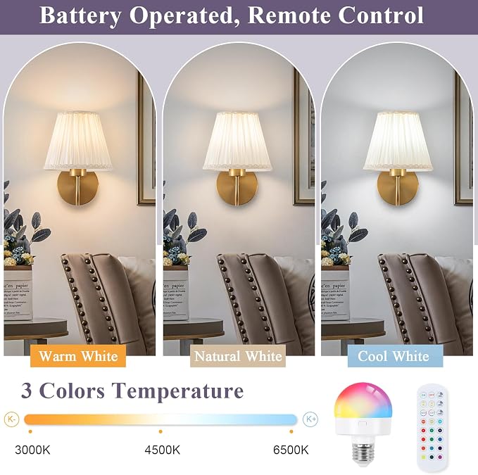 Battery Operated Wall Sconces Set of 2, Wireless Wall Sconces, RGB Rechargeable Dimmable, Brass-Color Vintage Wall Sconce for Bedroom, Living Room, Hallway Bulbs Included