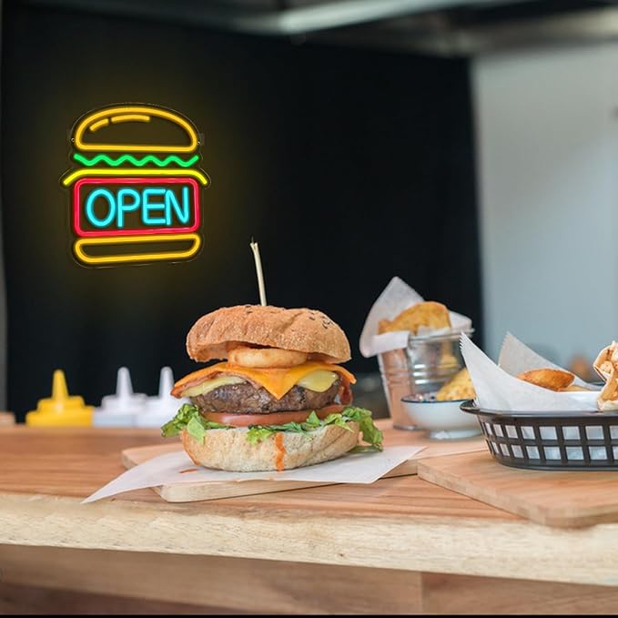 Burgers Open Neon Sign for Wall Decor Dimmable Hamburger Led Lights Signs Open Signs for Business Food Neon Light Room Decor for Bar Party Snack Shop Restaurant Gift USB Powered
