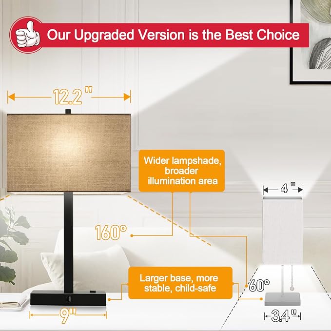 21" Set of 2 Table lamp with USB A+C & AC Outlets, Touch Control 3-Way Dimmable Nightstand Lamps for Bedroom Living Room Office Reading, Champagne Gold Shade Touch Lamps, 5000K LED Bulbs Included