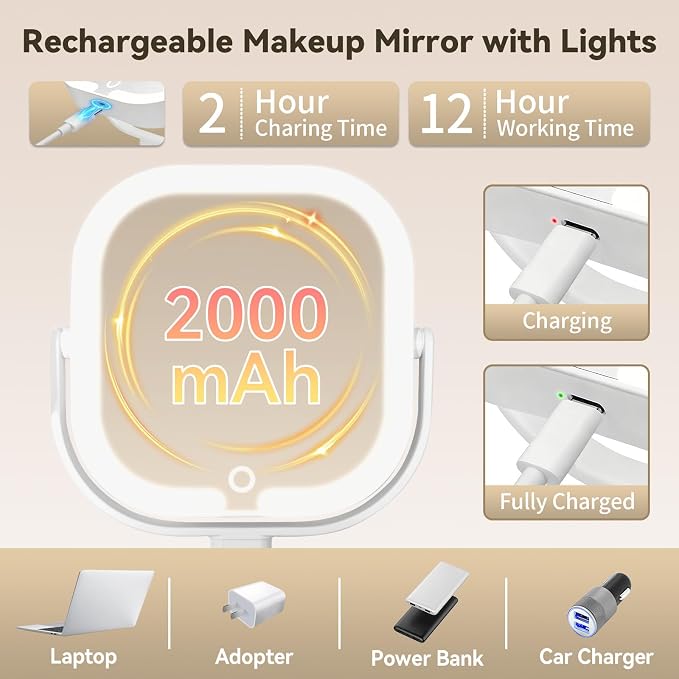Makeup Mirror with Lights, 1X/10X Magnifying Mirror with Light, Rechargeable Lighted Makeup Mirror with Magnification, 3-Color Lighting, Height Adjustable 360° Rotation Desk Mirror, Gift for Women