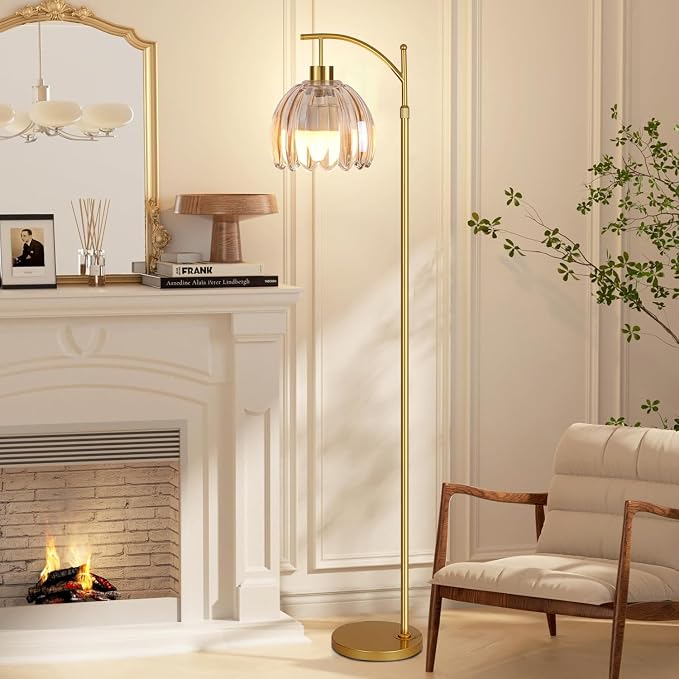QIYIZM Glass Floor Lamp for Living Room,Bedroom,Gold Dimmable Standing Lamp with Remote,Mid Century Modern Brass Tall Lamp Boho Floor Lamps Arc Stained Flower Floor Light Lamp Girls Bohemian