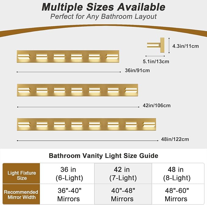 IZORRO LED Modern Bathroom Lights Fixtures(7-Light,Dimmable,360°Rotate),Brushed Glod Acrylic Wall Lighting,Vanity Lights for Bathroom Over Mirror - 6000k 40In （No Assembly Required）
