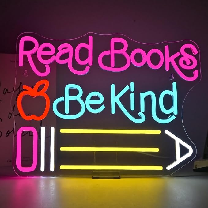 Read Books Be Kind Neon Sign Adjustable Brightness Student LED Neon Light Light Up Colorful Neon Sign Suitable for Classroom Study Room Library Bookstore