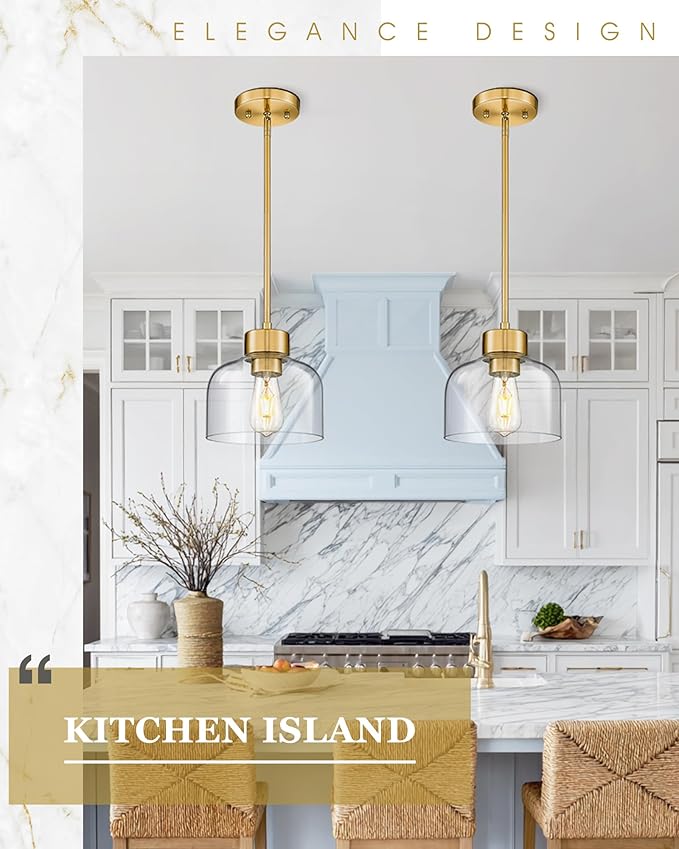 Gold Pendant Lights Kitchen Island, 8" Hanging Light Fixtures with Clear Glass Shade, Modern Brass Kitchen Pendant Lighting Over Island for Dining Room, AD-24024-1PL-GD