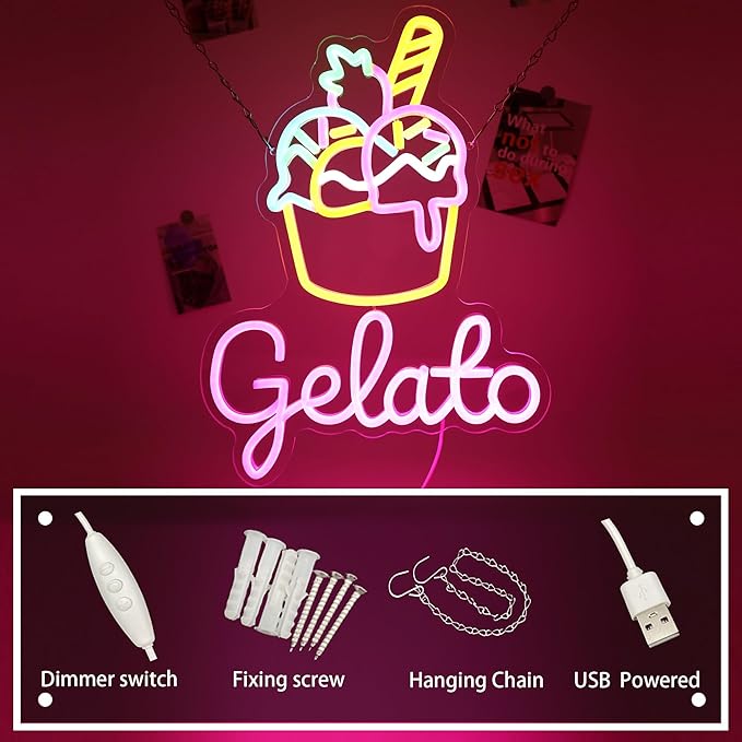 Ice Cream Neon Sign Gelato Neon Sign Dimmable Wall Decor for Store Game Room Kids Room Party Decoration 17.6 * 13.2 Inch