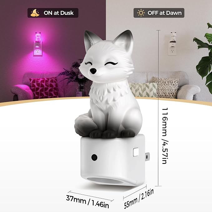 Night Light for Kids,White Fox Kids Night Light,Kids Room Decor | 8 Colors+ Soft White 3000K Nightlight,Dusk to Dawn Sensor,Nightlights for Kids Room Bedroom,Birthday Gift