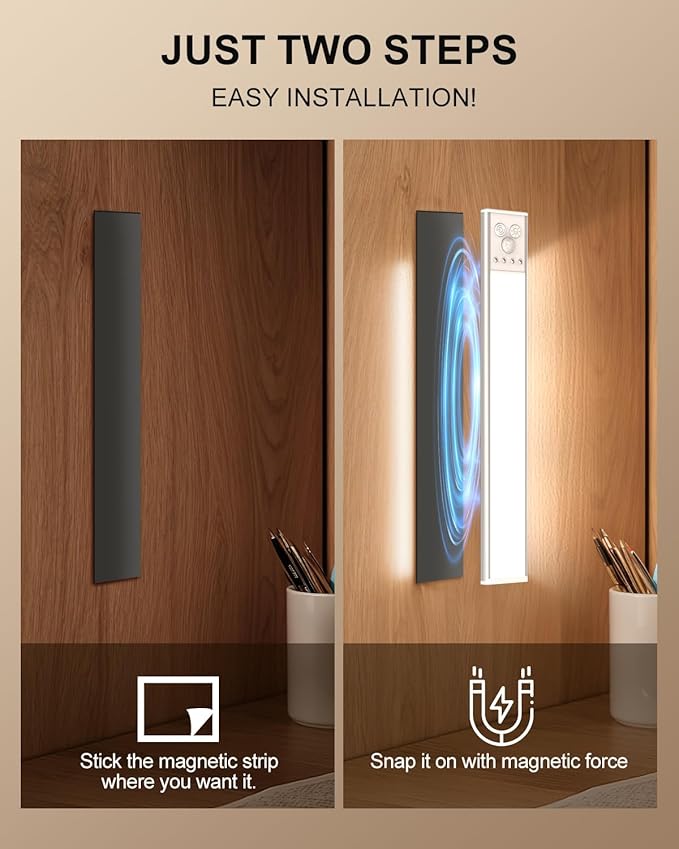 LED Under Cabinet Lighting | 2000mAh Motion Sensor Under Counter Lights for Kitchen | USB Rechargeable Cabinet Lighting Wireless Dimmable Night Light for Closet Wardrobe Cupboard Stairs, 2 Pack