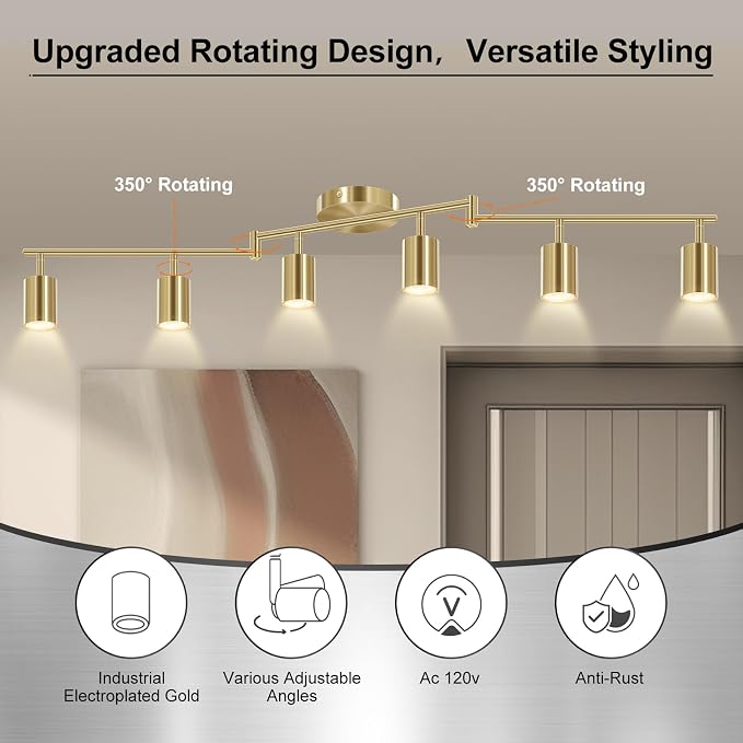AUQUEE 6 Light Track Lighting Fixtures Ceiling, Gold Kichen Track Lighting Fixtures with Rotatable Light Heads, Foldable Lamp Arms, Modern LED Track Lights for Kitchen/Hallway, No GU10 Bulb