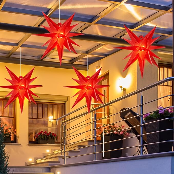 SUNBEAUTY 21 Inches Red Large Moravian Star Outdoor Light Warm White LED Hanging Star Lights 3D Christmas Tree Topper Star for Holiday Wedding Birthday Party Porch Light Decor